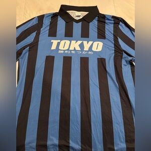 Urban Outfitters TOKYO Black and Blue Striped Soccer Shirt - XL